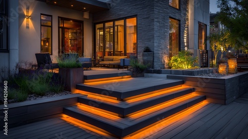 Sophisticated modern backyard design highlights a sleek composite wood deck patio beautifully illuminated by hidden amber LED strip lighting.