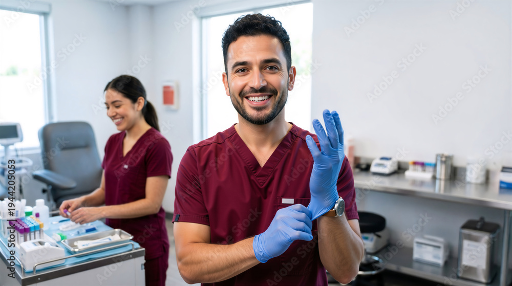 Fototapeta premium Male medical technician putting on blue nitrile gloves in a laboratory. Smiling healthcare worker in maroon scrubs with colleague in background. Medical testing and hygiene concept