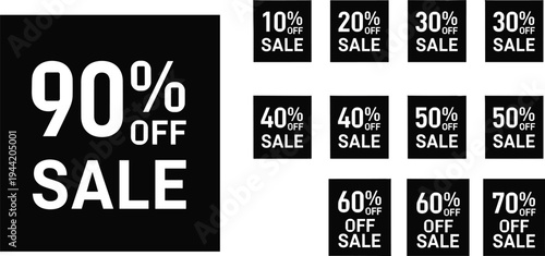 Black sale discount signs, promotional retail offers, percentage off labels, marketing advertising design, commerce shopping deals, big clearance sale illustration artwork