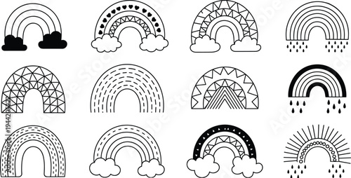 Collection of twelve black and white rainbow illustrations with clouds and rain Keywords: rainbow, illustration, black and white