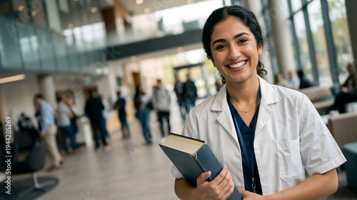 Smiling medical student holding a textbook in a modern hospital lobby. Young woman doctor in a white lab coat. Healthcare education and professional career concept. Copy space for text