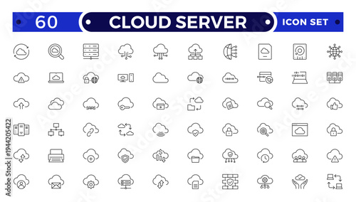 Set of Cloud server line icons related to cloud computing, cloud services, server, cyber security, digital transformation. Outline icon collection.
