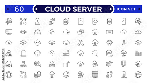 Set of Cloud server line icons related to cloud computing, cloud services, server, cyber security, digital transformation. Outline icon collection.