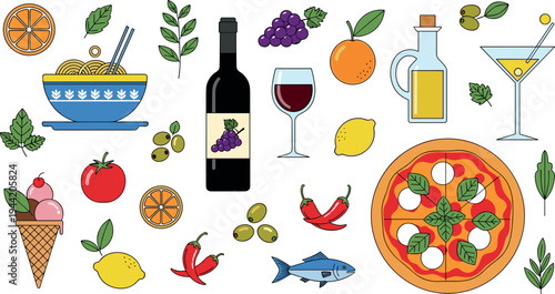 Mediterranean Food Vector Set with Pizza, Pasta, Wine, Olive Oil, Fish, Citrus and Italian Cuisine Illustration Collection