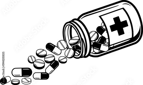 Medical bottle with pills and capsules representing health and treatment options – Black and White Vector Illustration