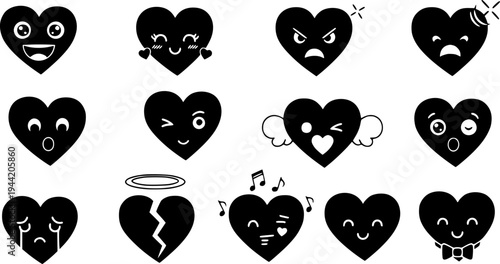 Collection of cute heart emojis expressing various emotions and affection – Black and White Vector Illustration