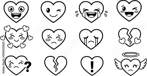 Collection of cute heart emojis expressing various emotions and affection – Black and White Vector Illustration