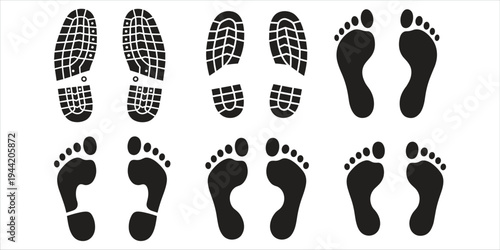 Collection of Footprint and Shoe Print Silhouettes on White Background Keywords: footprint, shoe print, sole, boot print, human