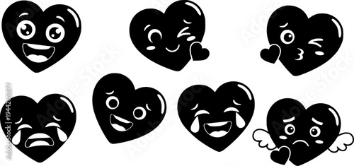 Collection of cute heart emojis expressing various emotions and affection – Black and White Vector Illustration