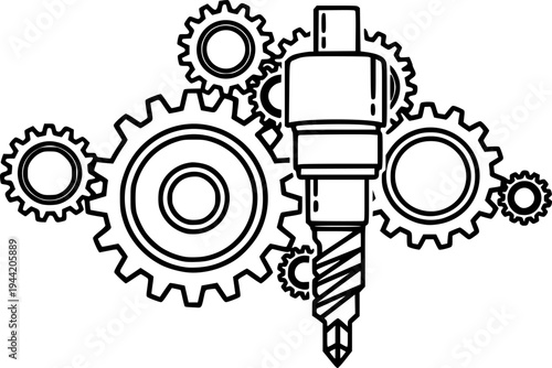 Industrial machine with gears and drill bit representing manufacturing, engineering, and factory production – Black and White Vector Illustration