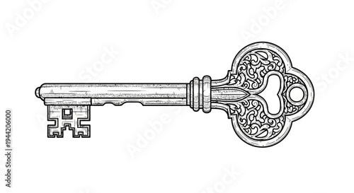Hand-drawn vintage antique skeleton key illustration. Ornate decorative old key as a symbol of secret, access, and security.