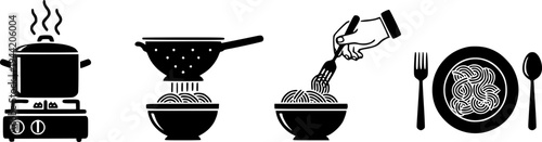 Pasta preparation and serving icon set featuring simple line art of cooking steps from pot to plate – Black Vector Illustration
