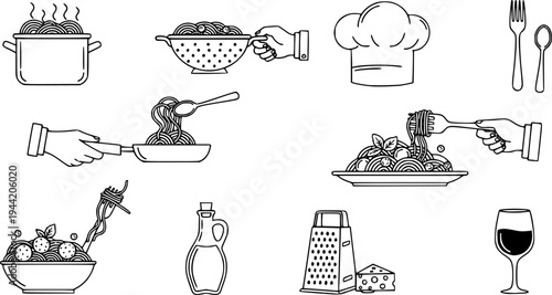 Pasta preparation and serving icon set featuring simple line art of cooking steps from pot to plate – Black Vector Illustration