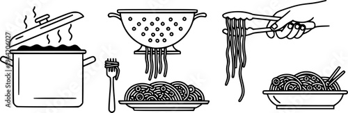 Pasta preparation and serving icon set featuring simple line art of cooking steps from pot to plate – Black Vector Illustration