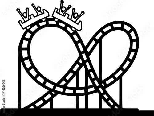 Rollercoaster thrill ride icon featuring simple outline design of passengers with raised hands on a looped track – Black Vector Illustration