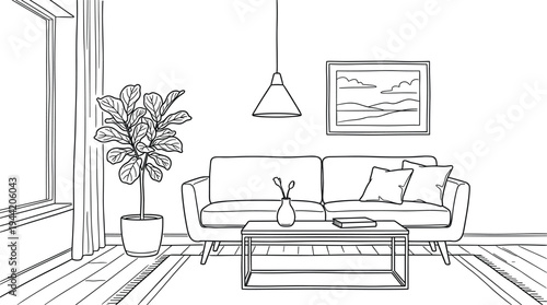 Modern living room interior perspective featuring a minimalist sofa, coffee table, fiddle-leaf fig plant, and framed landscape art.