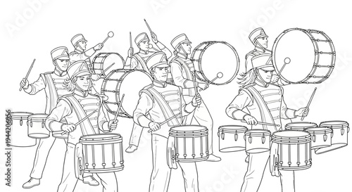 Marching Band Drummers Line Art Illustration Playing Percussion Instruments in a Parade or Musical Performance Ensemble