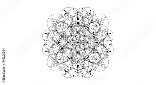 Intricate sacred geometry pattern with overlapping circles and lines, abstract mathematical mandala symbol on white background