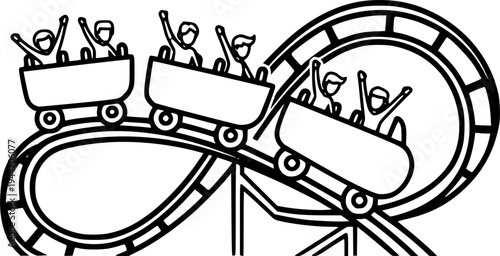 Rollercoaster thrill ride icon featuring simple outline design of passengers with raised hands on a looped track – Black Vector Illustration