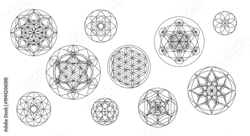 Intricate sacred geometry patterns collection. Abstract mystical geometric symbols, spiritual mandalas, and mystical circles set.