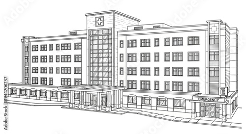 Detailed architectural line drawing of a modern multi-story building exterior. Contemporary urban structure blueprint sketch.