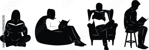 Silhouettes of people reading books in various comfortable positions