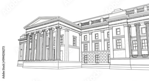Architectural 3D wireframe outline rendering of a classical style building with columns, pediment, and grand facade