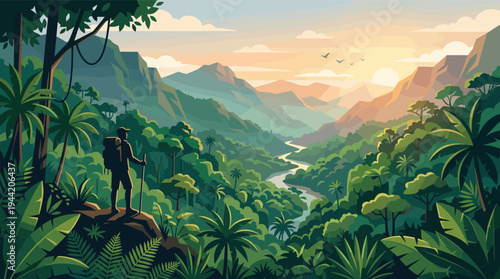 A silhouette of a hiker with backpack and trekking pole standing on a rock and looking at a jungle landscape with mountains, river, and setting sun. Nature illustration with rich colors.