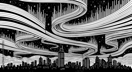 Monochrome vector illustration of an abstract aurora borealis effect swirling over a modern city skyline at night, with stars and clouds.