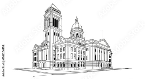 Classic government building line art illustration with dome and tower. Architectural vector drawing of a historic public institution.