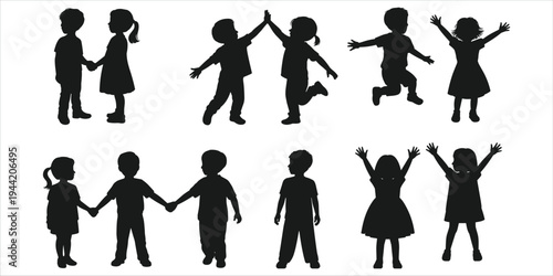 Collection of black silhouettes of children in various playful poses and interactions kids happy