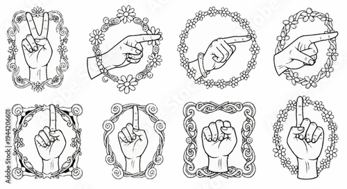 Collection of vintage hand gestures in decorative frames.