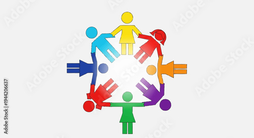 Colorful diverse people holding hands in a circle symbolizing unity and teamwork.