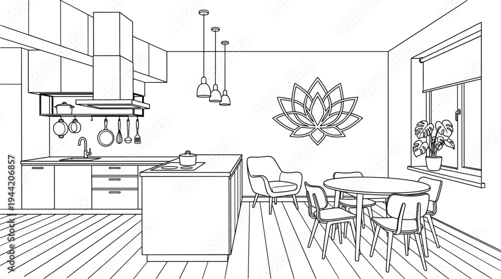 Fototapeta premium Modern open-plan kitchen and dining area perspective featuring a lotus flower wall decal and centralized island with integrated cooktop.