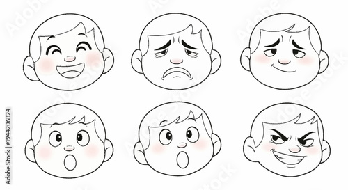 Collection of six cartoon faces showing different emotions.