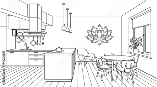 Modern open-plan kitchen and dining area perspective featuring a lotus flower wall decal and centralized island with integrated cooktop.