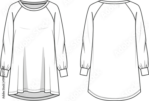 Long sleeve tunic top sketch, raglan sleeve fashion illustration, pleated bust detail garment design template, apparel construction drawing, clothing pattern reference, relaxed outfit silhouette