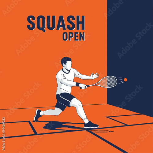 Dynamic Squash Player in Action During Tournament, Reaching for the Ball with Precision