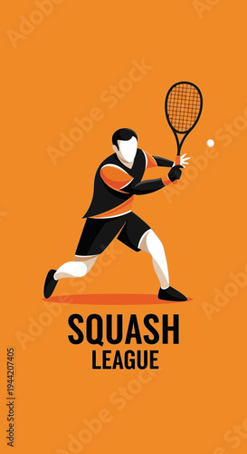 Dynamic Squash Player Performing a Powerful Forehand Shot Against an Orange Backdrop