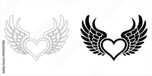 Black and White Outline Heart with Wings Symbols Keywords: heart, wings, love, symbol, icon, design, graphic, illustration, black