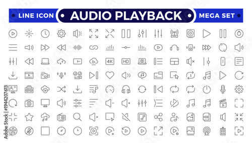 Audio playback outline icon set. Audio and video icon set, multimedia sound and media player symbols, music playback icons, modern flat vector design.