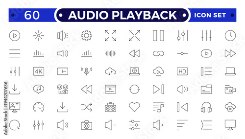 Audio playback outline icon set. Audio and video icon set, multimedia sound and media player symbols, music playback icons, modern flat vector design.