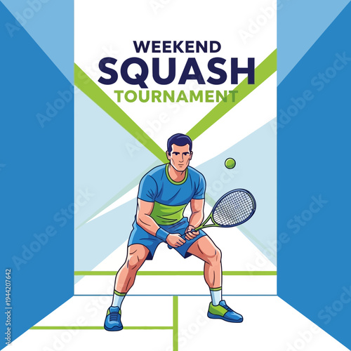 Dynamic Squash Tournament Announcement with Athlete Illustration in Vibrant Colors