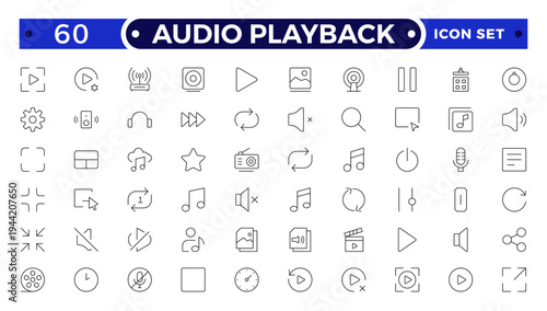 Audio playback outline icon set. Audio and video icon set, multimedia sound and media player symbols, music playback icons, modern flat vector design.