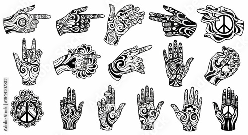 Collection of Stylized Hands with Peace Symbols and Patterns.