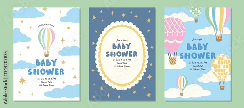 Baby shower invitation set with hot air balloons, cute pastel baby shower cards, sky nursery theme celebration template