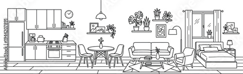 Modern U-shaped kitchen elevation featuring large central window, chimney hood, and professional integrated stainless steel appliances.