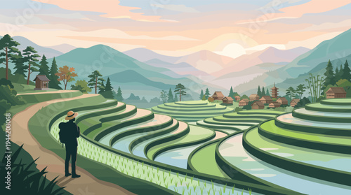 Silhouette of a traveler with a backpack looking out over the iconic rice terraces landscape with rice paddies and a village at sunrise with soft pastel colors.