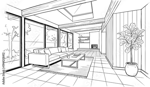 Serene interior perspective of a modern living room featuring floor-to-ceiling windows, wooden ceiling beams, a skylight, and a minimalist fireplace.