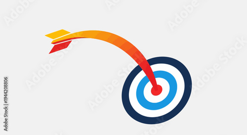 Dynamic arrow accurately striking a bullseye target, symbolizing precision, strategic goal achievement, and successful objective realization